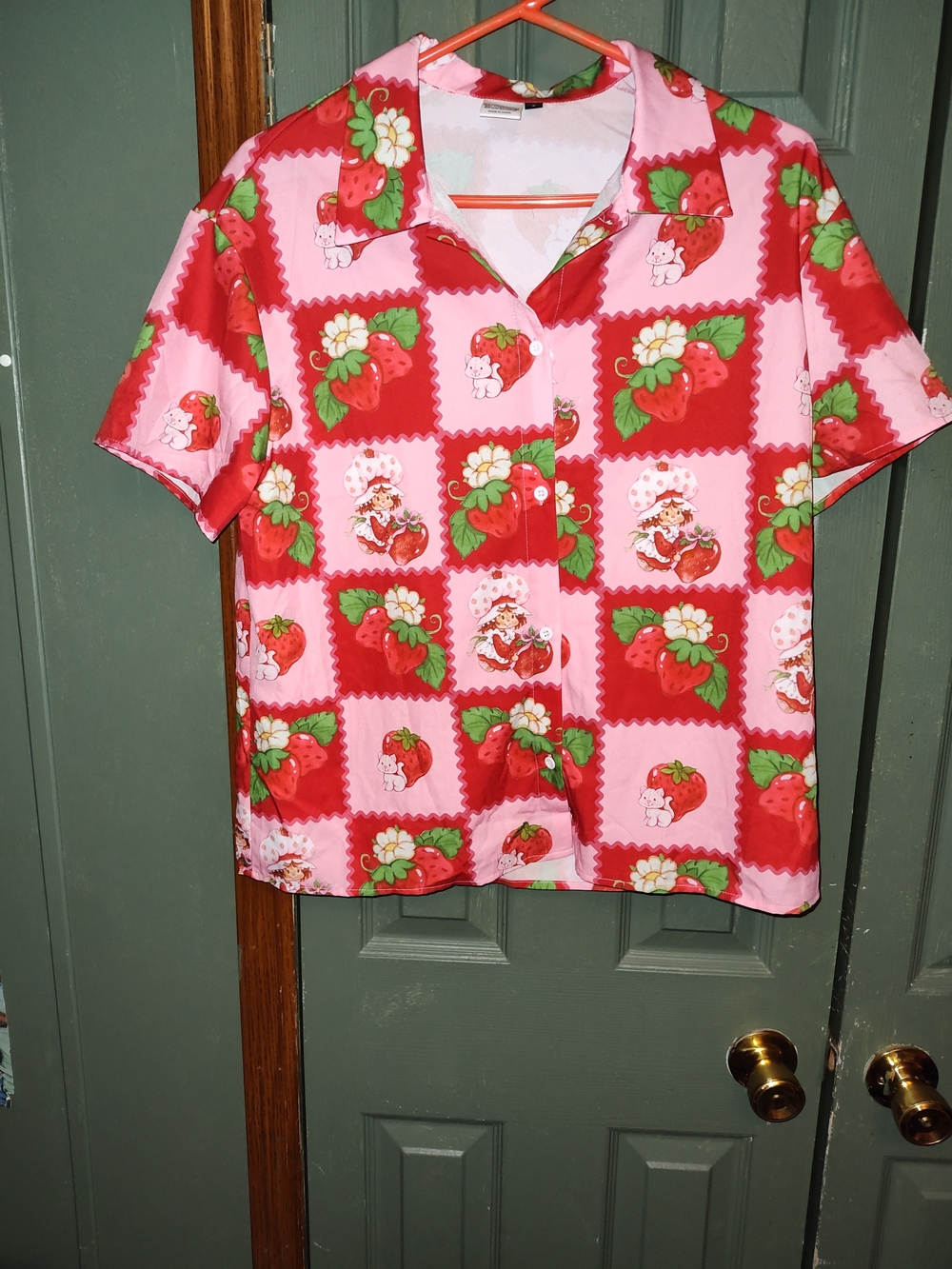Pink And Red Strawberry Shortcake Short-Sleeve Button Down Collared Shirt
